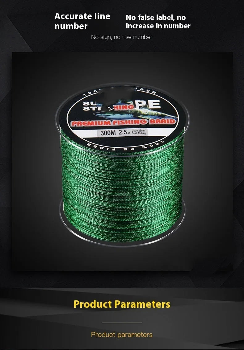 Spool of colour-coded PE fishing line showing multiple colour sections with strength and colour options