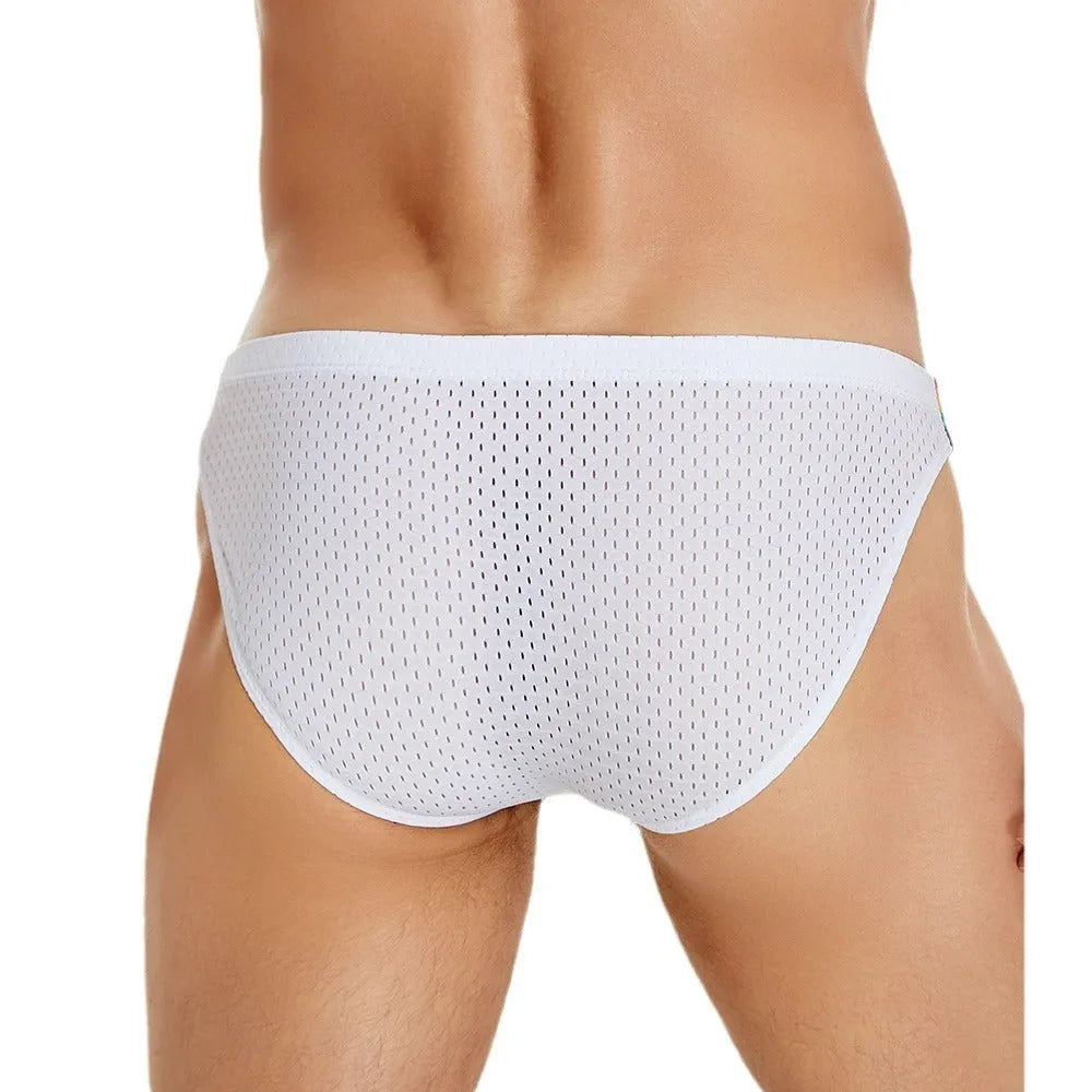 Men's low waist nylon mesh briefs with rainbow waistband in black, white, and dark blue solid colours