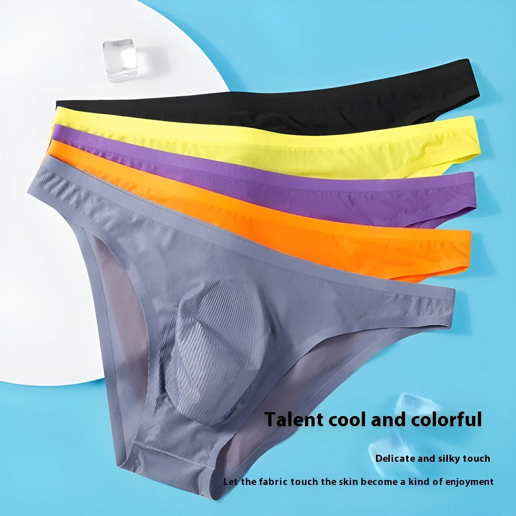 Men's seamless ice silk briefs in a black stripe colour, showing ultra-thin low waist design.