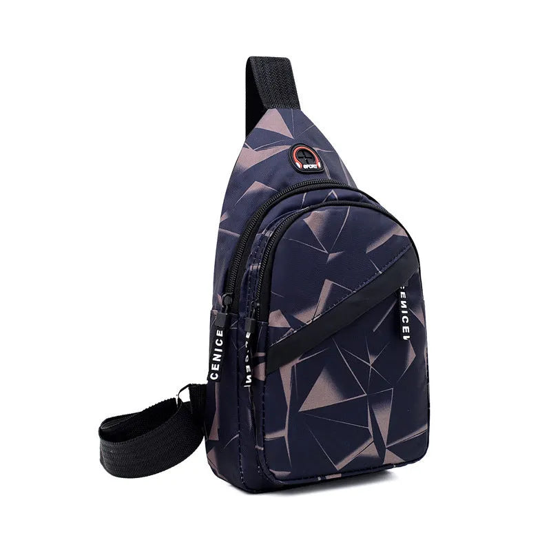 Men's blue print sling chest bag with a visible earphone hole and a single adjustable strap.
