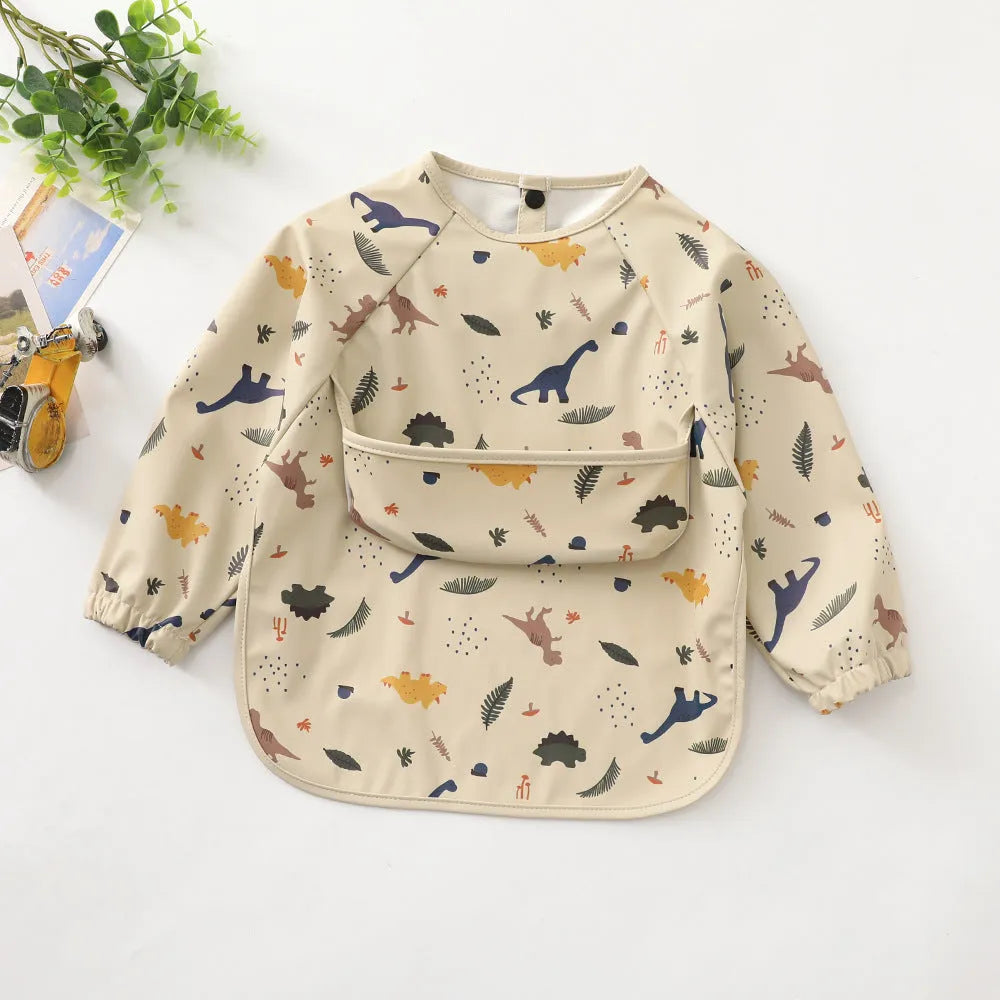 Children's long-sleeved PU upper pocket bib with cartoon pattern, pink dot colour, size S