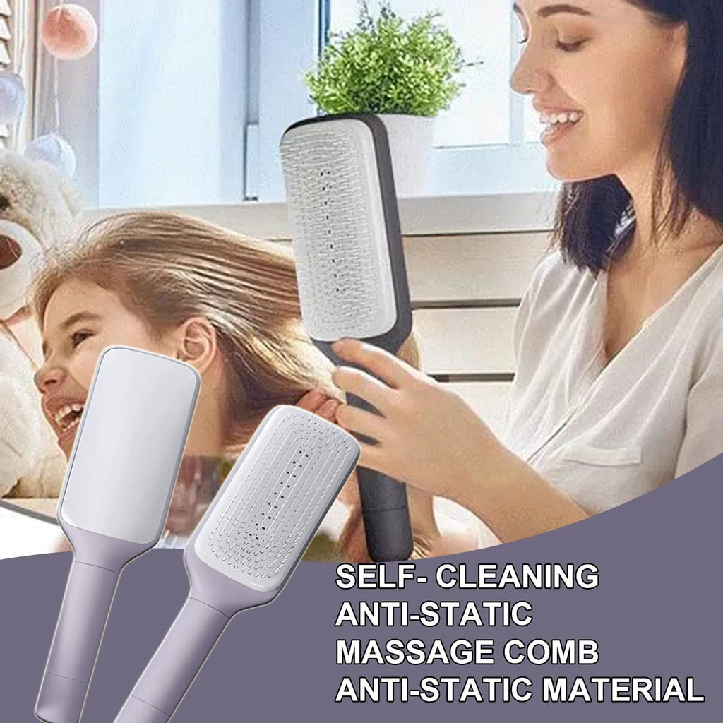 Roland purple self-cleaning hair brush with anti-static teeth and rotating telescopic handle on a white background.