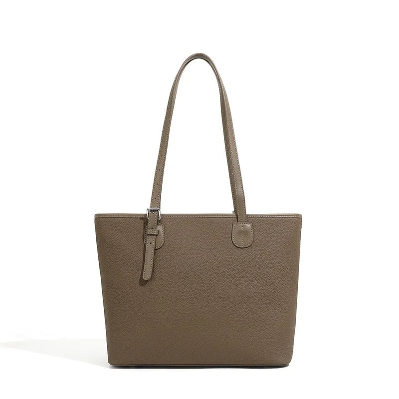 Genuine leather women's tote bag in horizontal square shape showing internal organisers and sandwich pocket