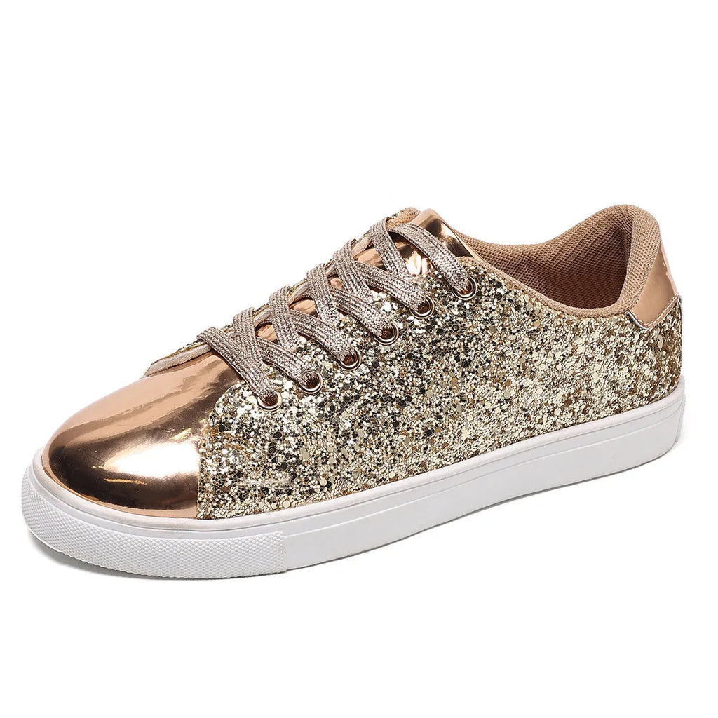 Women's plus size sequinned board shoes in black with front lace-up detail.
