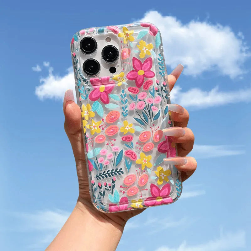 Transparent TPU phone case with bright colourful flower print and airbag corners for Apple iPhone