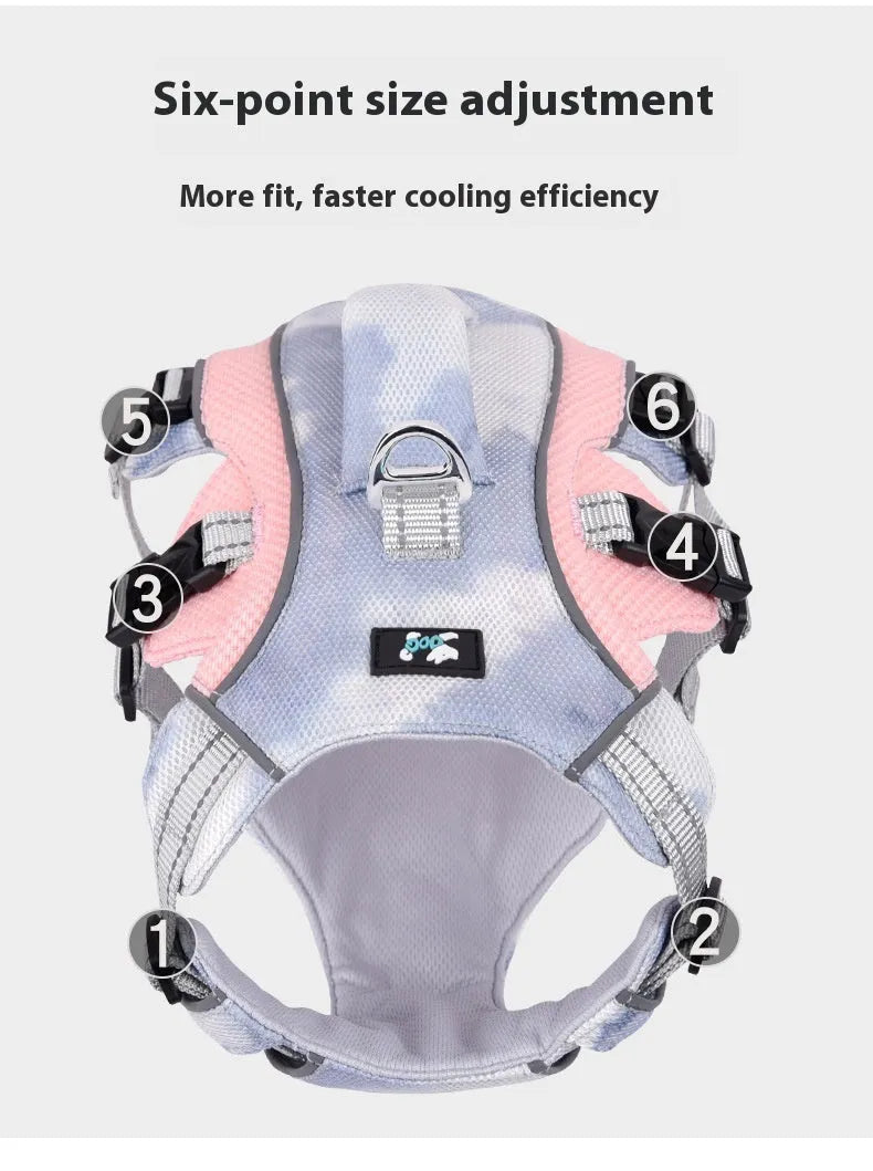 Reflective light blue dog chest strap showing size and polyester material.
