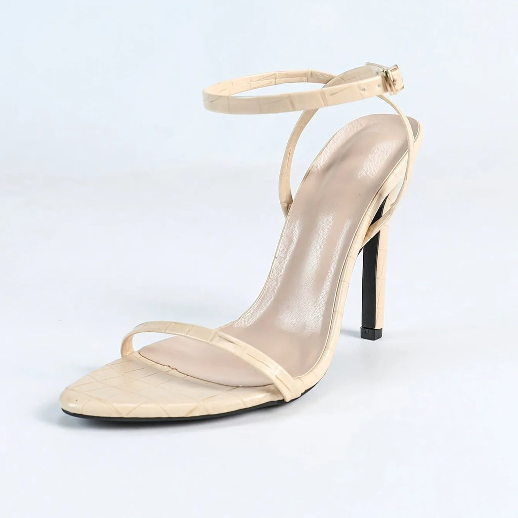 Apricot open toe high heel sandals with back strap and round toe design