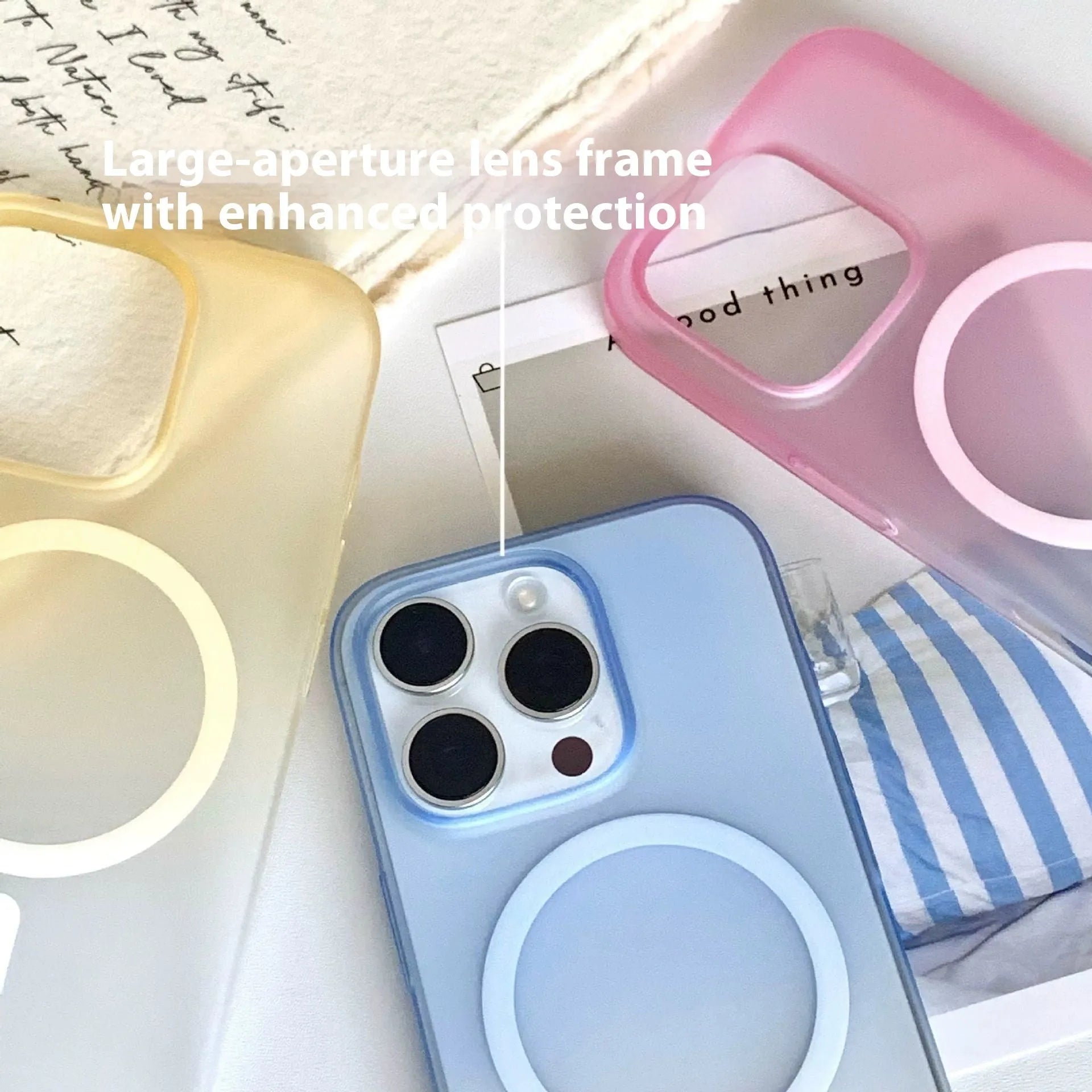 Gradient colour frosted magnetic suction protective case for iPhone on a white background.