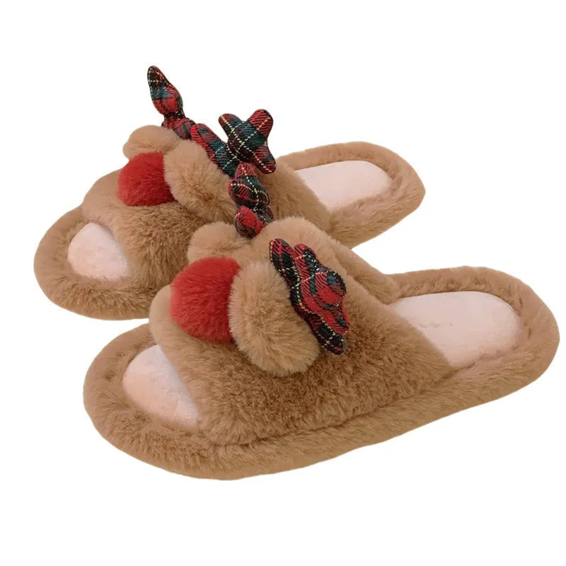 Women's brown suede slippers with cartoon fawn pattern, flip-flop style with PVC sole