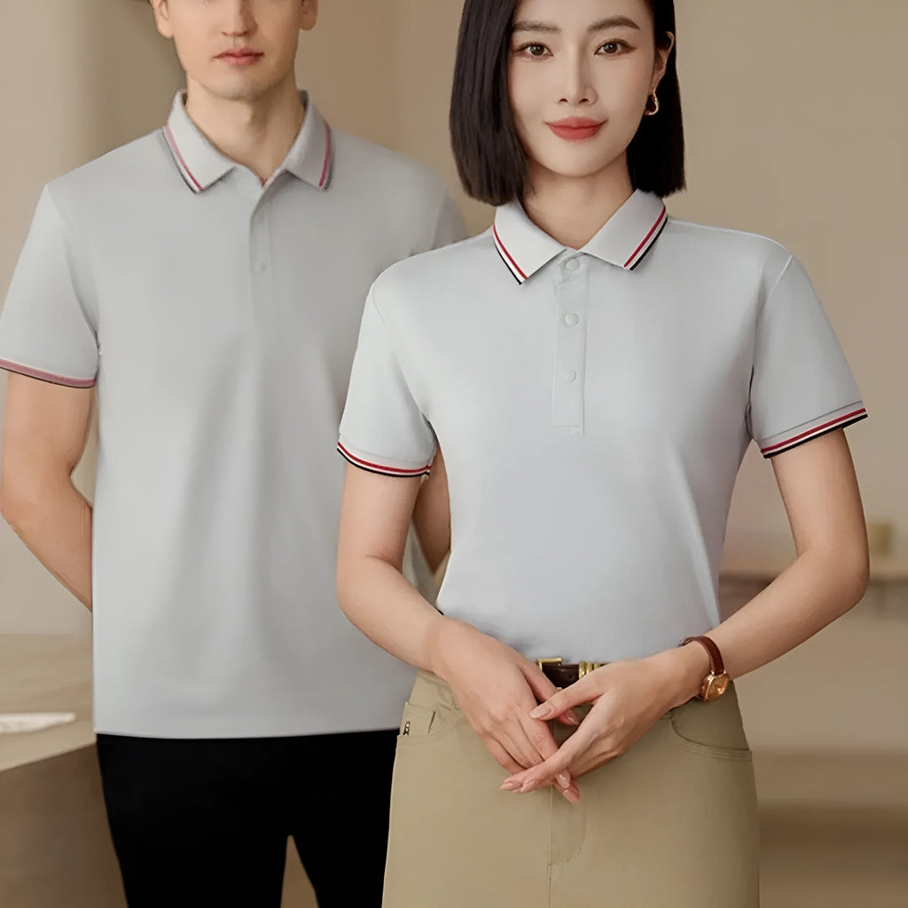 Men's solid colour cotton lapel-collar t-shirt on hanger, showing short sleeves and straight cut.