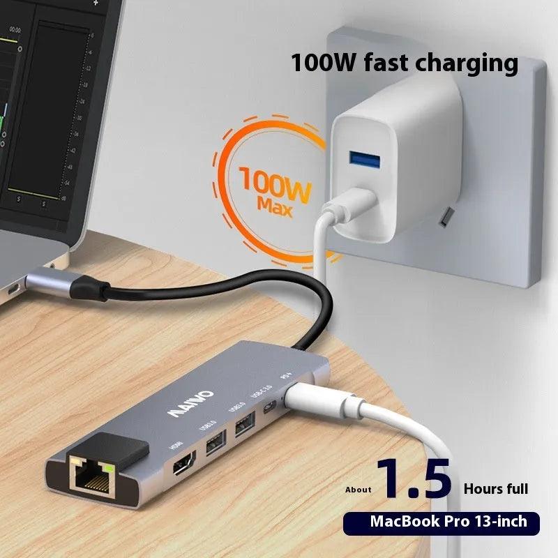 Aluminium Steam Deck docking station with six ports including HDMI, Ethernet, and USB, showing a 15cm cable.