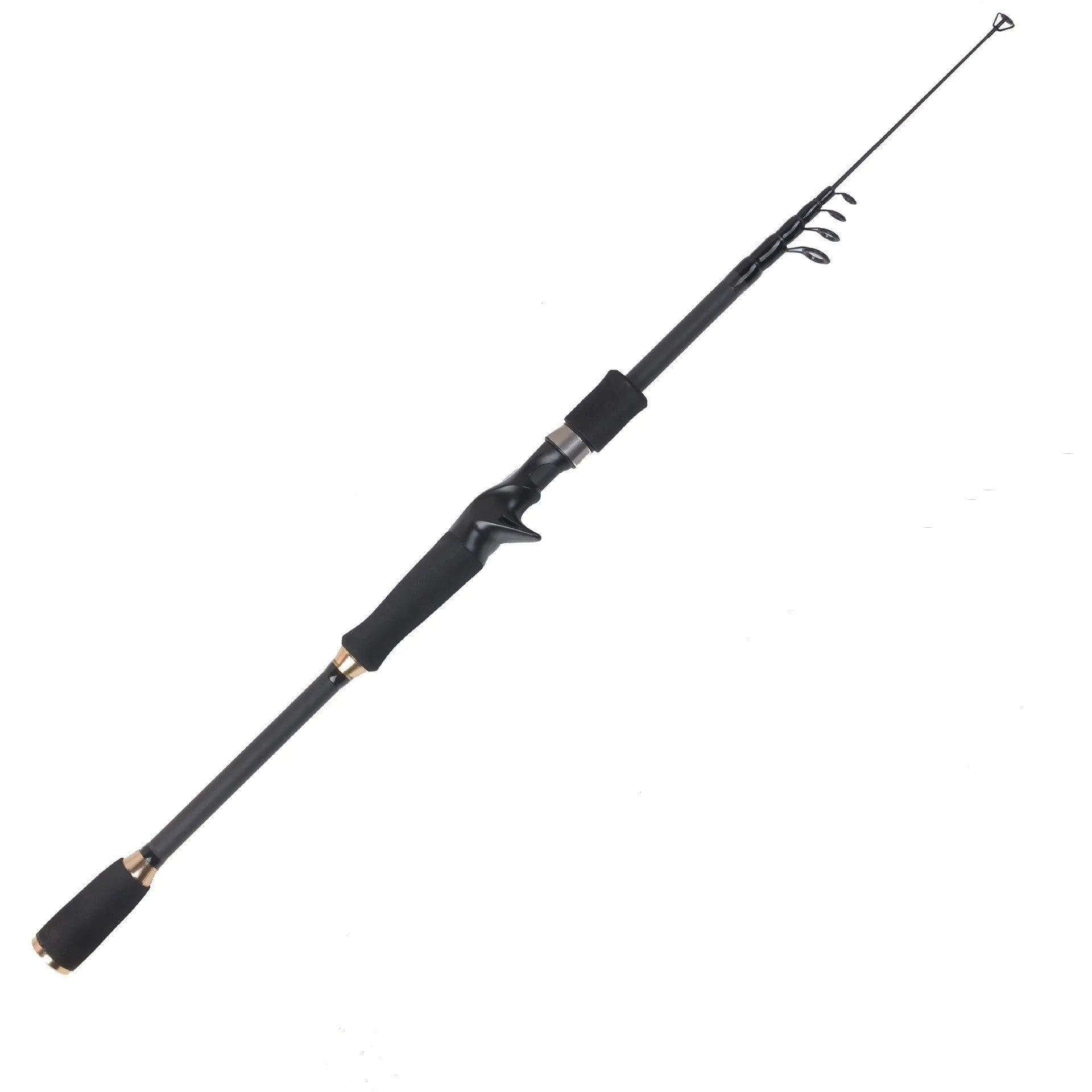 Telescopic carbon fishing rod with matte coating and reel seat on a lakeside bank