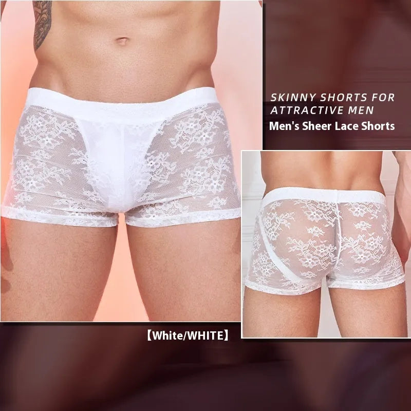 Men's black boxers with a lace design detail on nylon fabric.