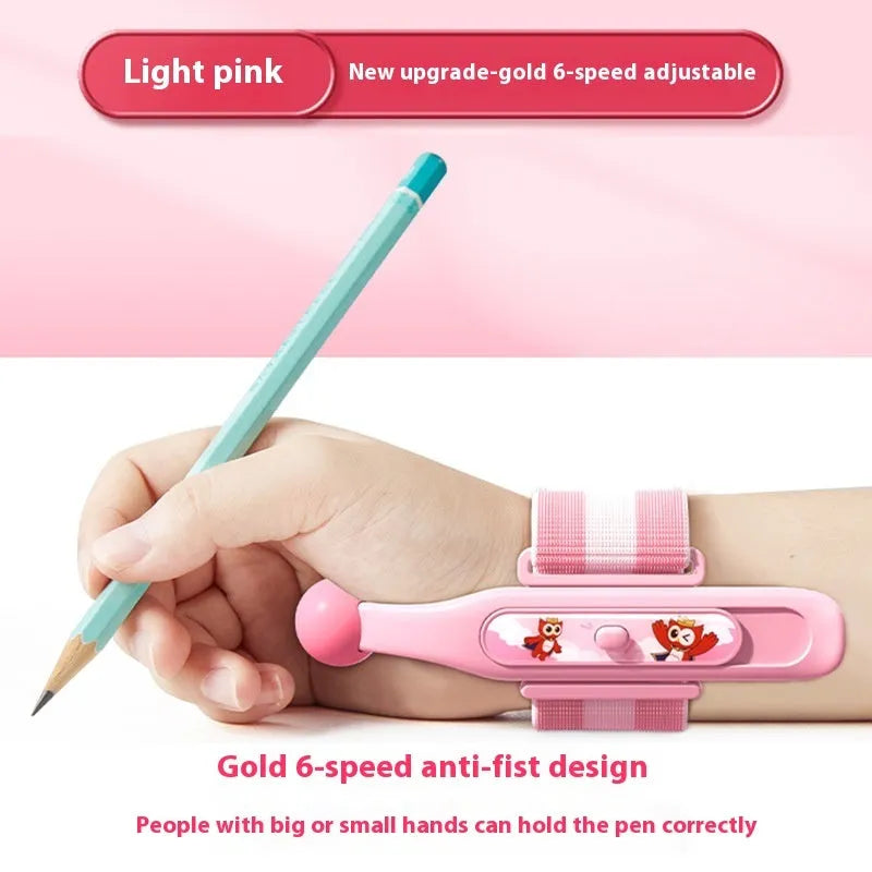 Blue anti-hook pen control corrector wrist brace on a child's hand holding a pencil.