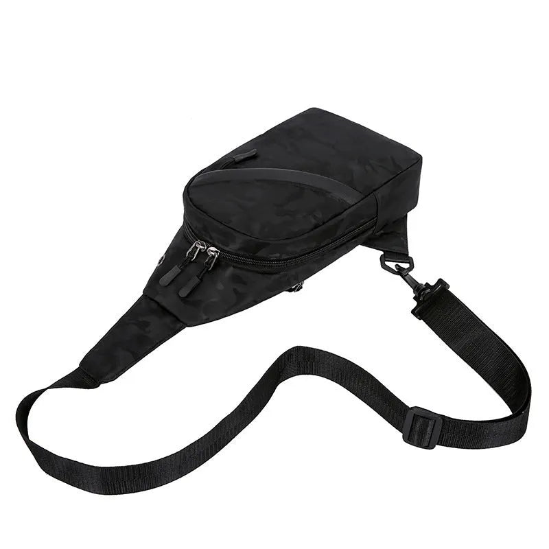 Men's camouflage crossbody chest bag with headphone hole in Camo Black