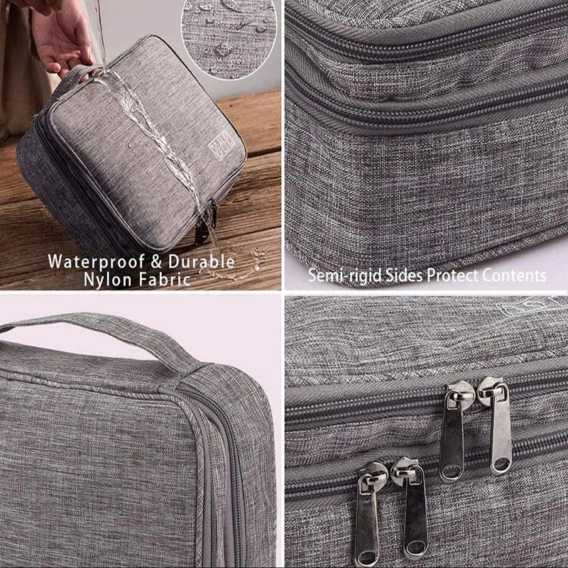Grey waterproof electronics organiser bag with double-layer interior, handle, and zipper closure