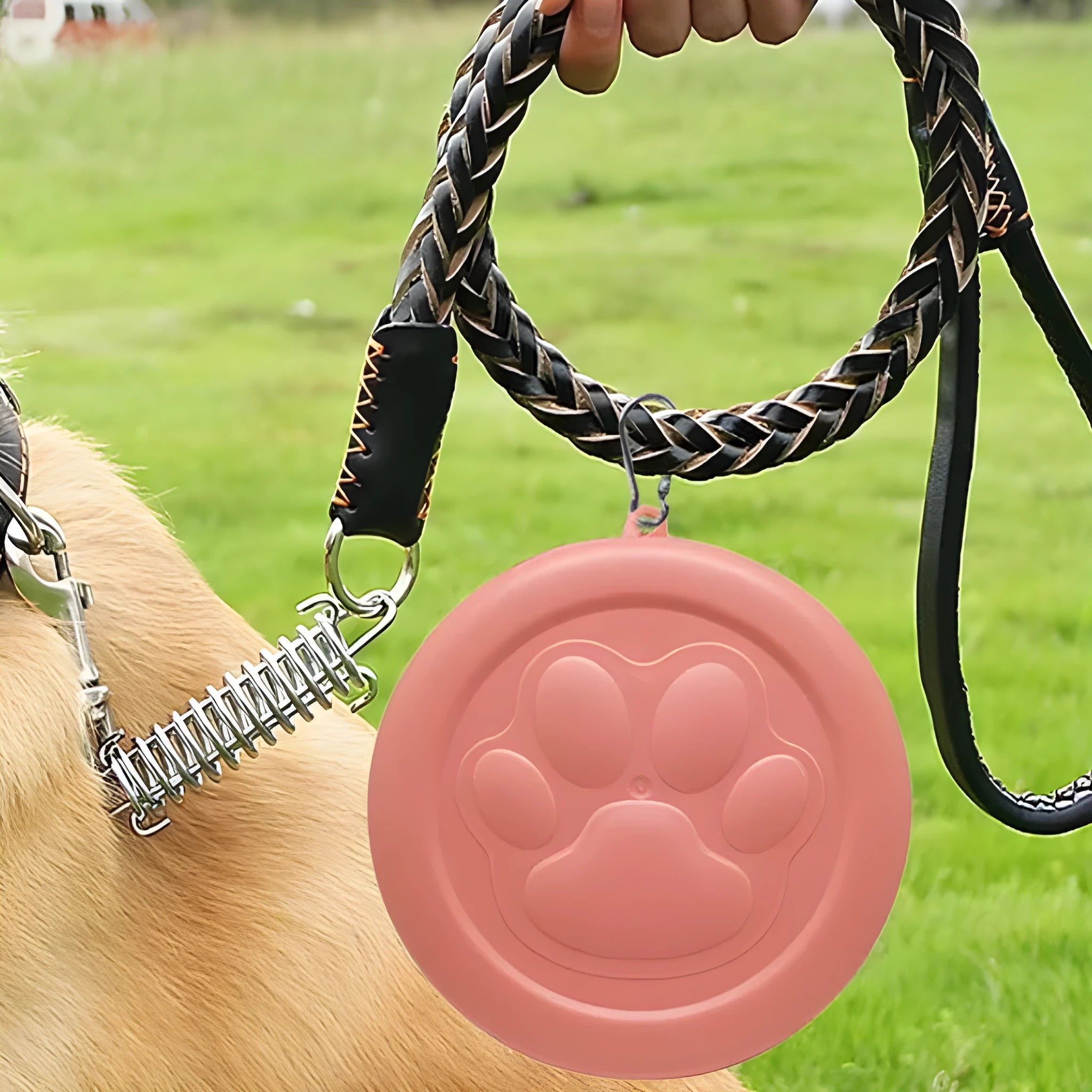 Portable dog food and water bowl with snack box in light green and pink two-tone design