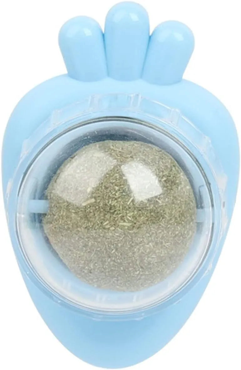 Blue carrot-shaped catnip ball with self-adhesive sticker for wall mounting and feline dental care