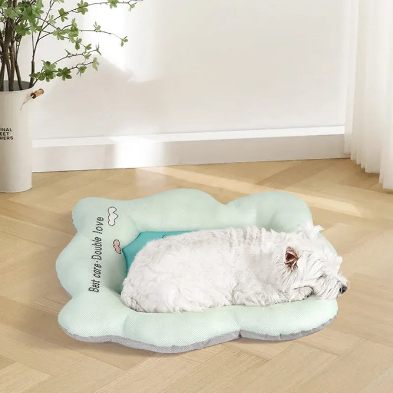Green self-cooling gel pet mat for dogs and cats showing four available sizes.