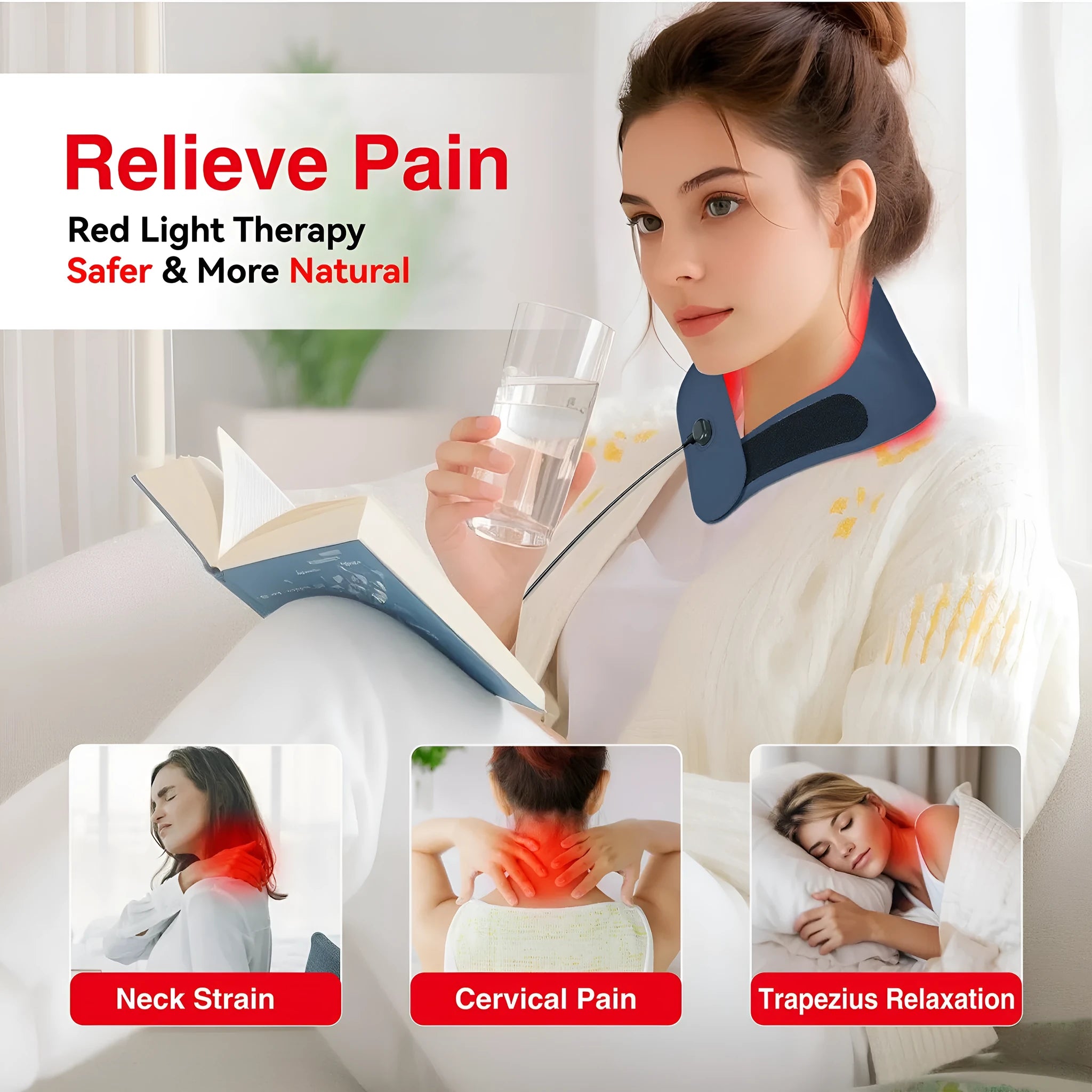 Red light hot compress neck massager for cervical physiotherapy in dark sky blue colour.