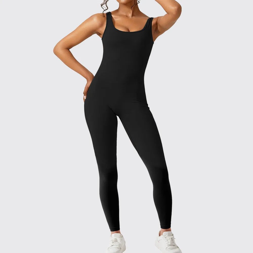 Women's sleeveless flare jumpsuit for yoga and fitness in high-elasticity polyester fabric