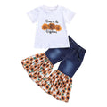 White kids two-piece cotton outfit with short sleeve top and trousers featuring denim torch and sunflower print