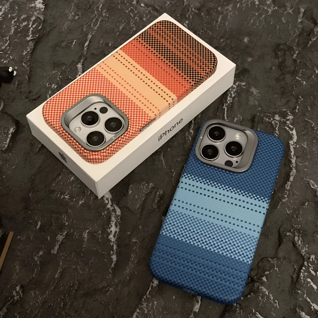 Kevlar magnetic bracket carbon fiber pattern protective sleeve for iPhone 14 Pro in Sunset Gray