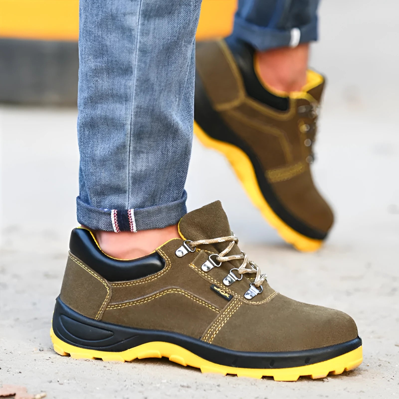 Bronze cow suede steel toe safety shoes showing low-cut design and non-slip sole pattern