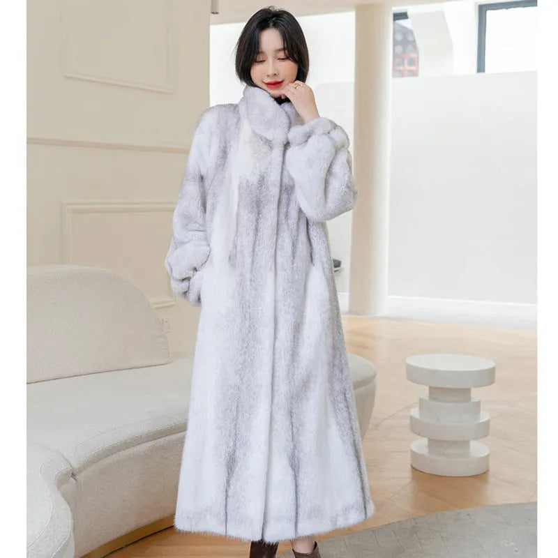 White full-length faux fur coat for women with a stand-up collar.