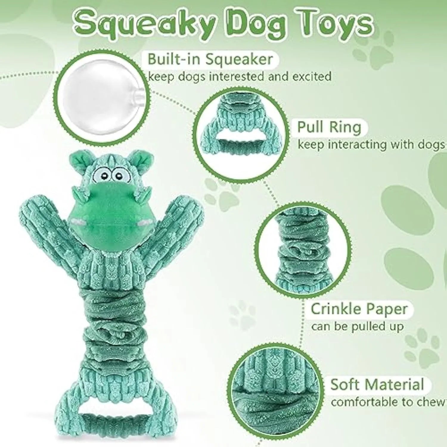 Large plush dog toy with a handle, showing telescopic design, in bright colours for interactive squeaky and crinkle play.