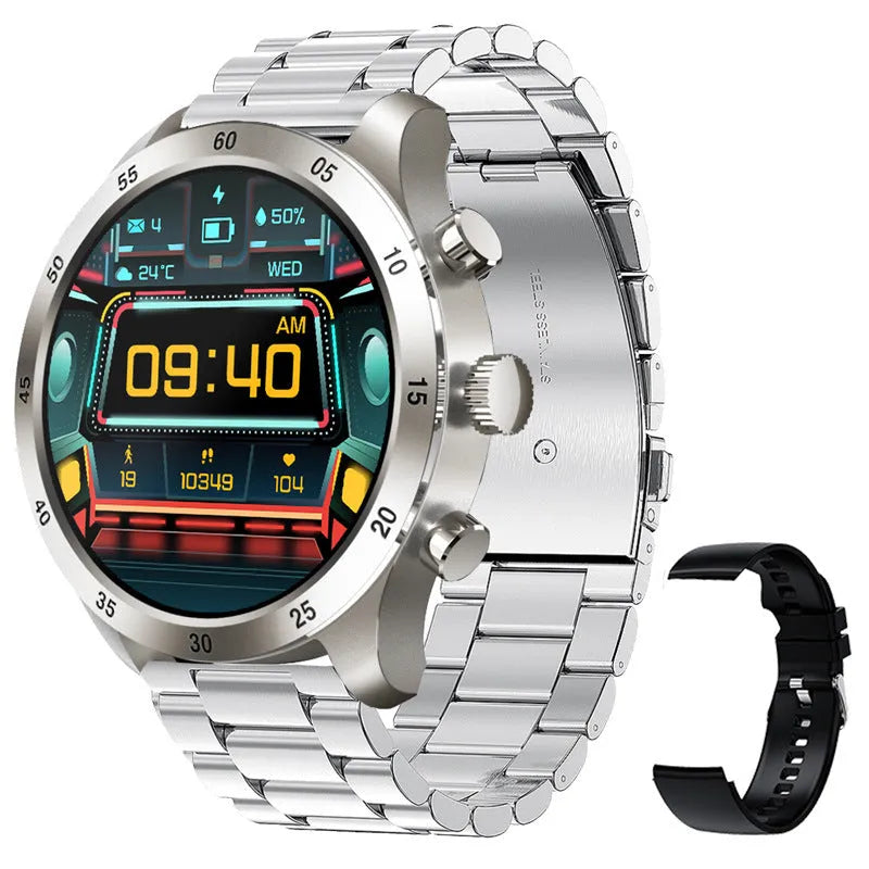 Black Bluetooth smartwatch with stainless steel strap showing a heart rate monitoring display on screen.