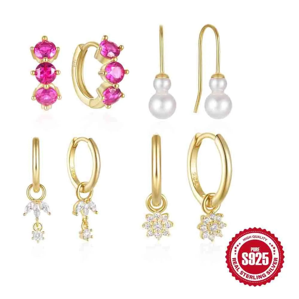 Golden sterling silver sunflower geometry earrings with inlaid zircon stones for women.