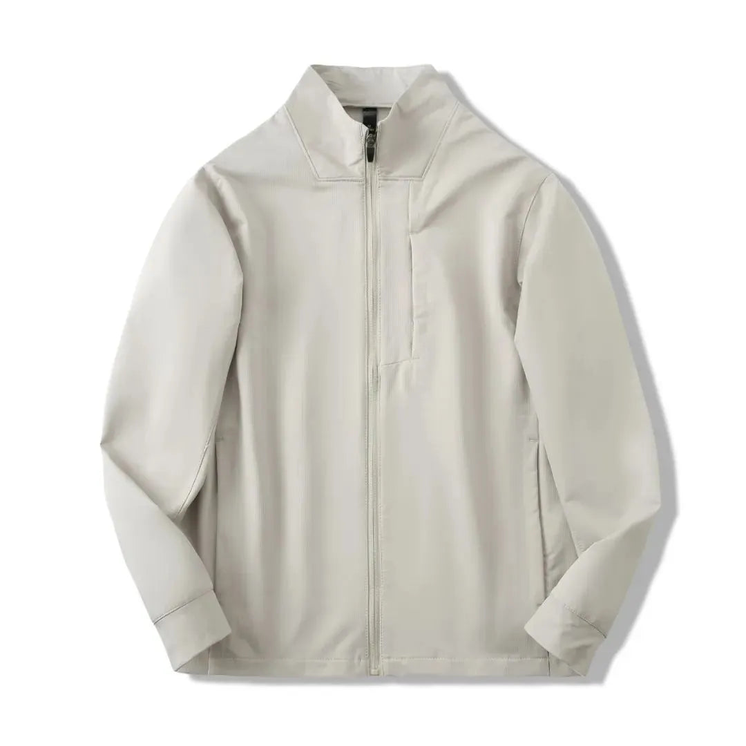 Men's stand collar polyester casual jacket in black, dark blue or milky white with straight hem