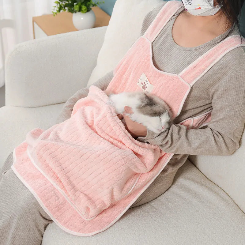 Cat petting apron in cloth material showing colour options including pink, light blue, light purple and striped patterns