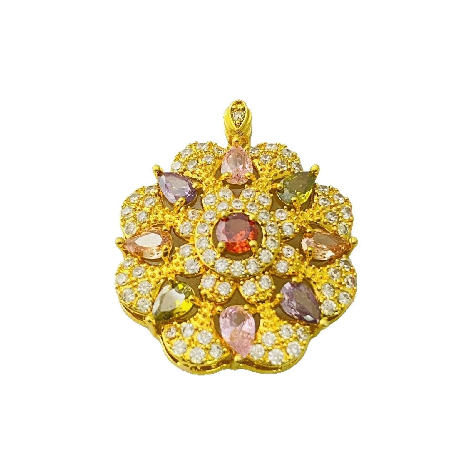 Women's floral zircon pendant necklace in gold, champagne gold, or platinum colour electroplated finish.