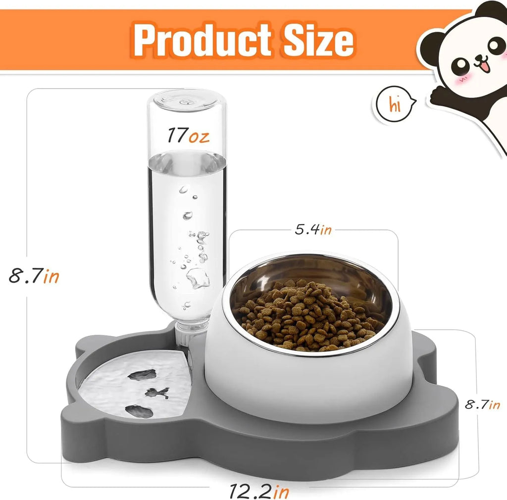 Grey and green panda-shaped elevated pet feeder with tilted stainless steel bowl and automatic water bottle.