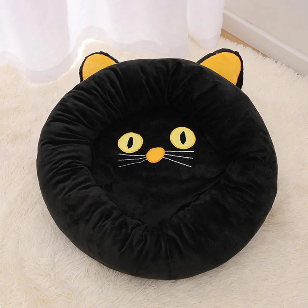Black cat shape velvet pet nest bed with raised edges for head support