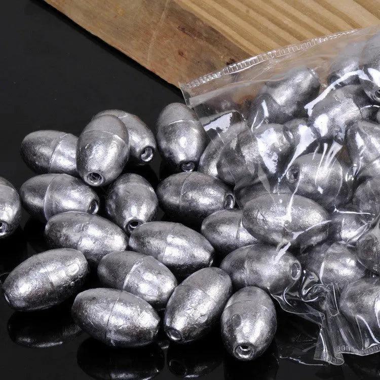 Standard weight olive fishing sinker set in lead with weights from 1g to 20g