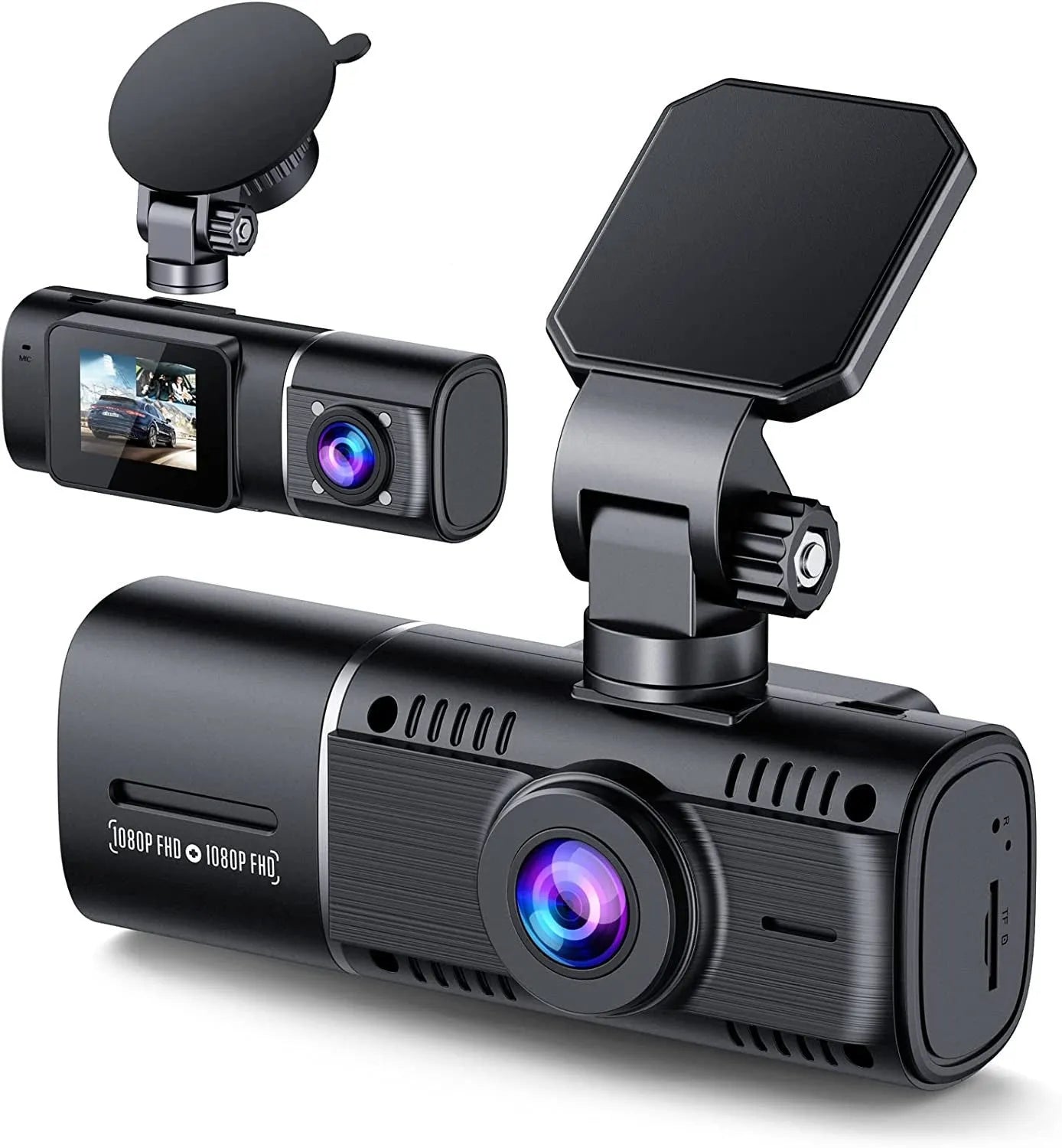 Black dual-channel car dash cam with 1.5-inch screen, front and rear cameras, mounted on a windscreen.