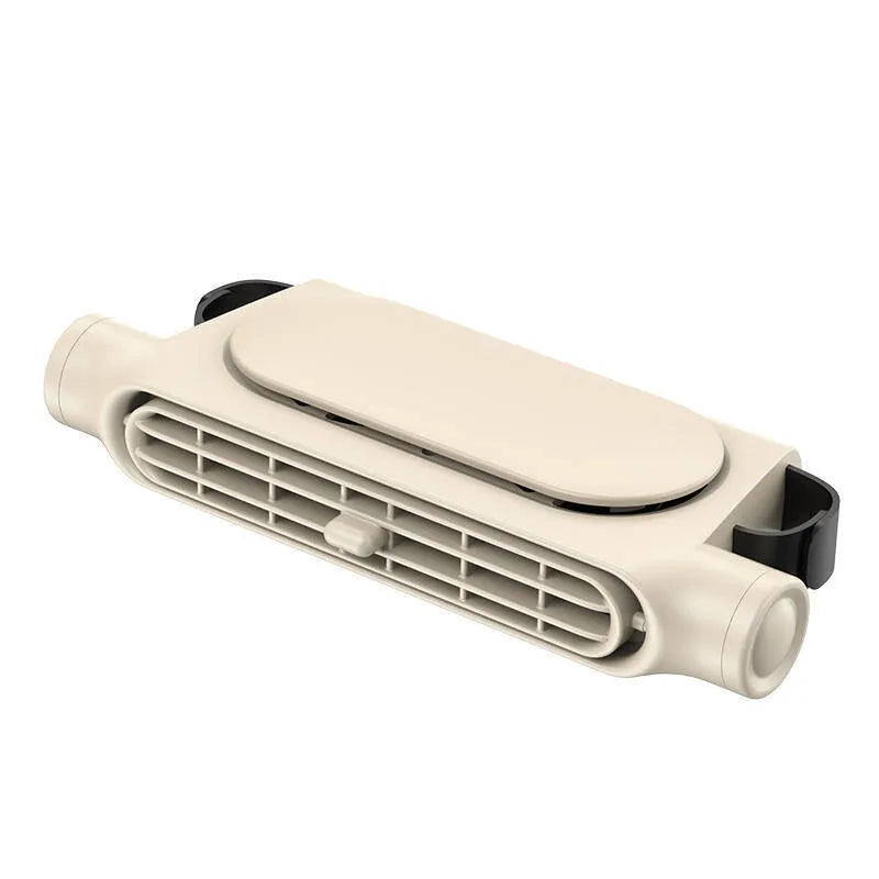 Creative New bladeless car fan with velcro strap mounted on a car seat headrest, showing USB cable.