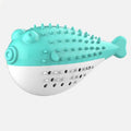 Blue silicone fish-shaped cat chew toy on a white background.