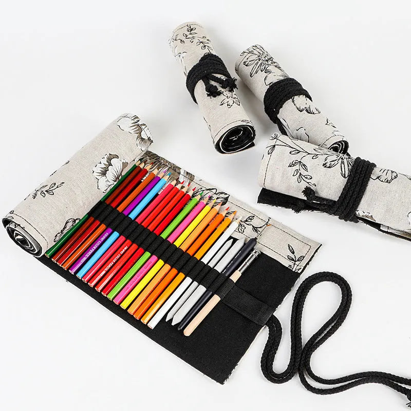 Black peony print canvas pencil roll bag showing cotton hemp construction with pencil storage holes