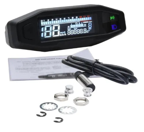 Black motorcycle mini LCD speedometer and oil gauge with white backlight display.