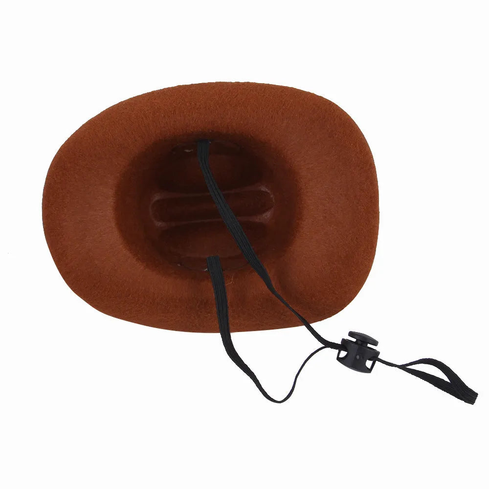 A brown adjustable cowboy hat for a dog or cat, shown on a pet mannequin head.