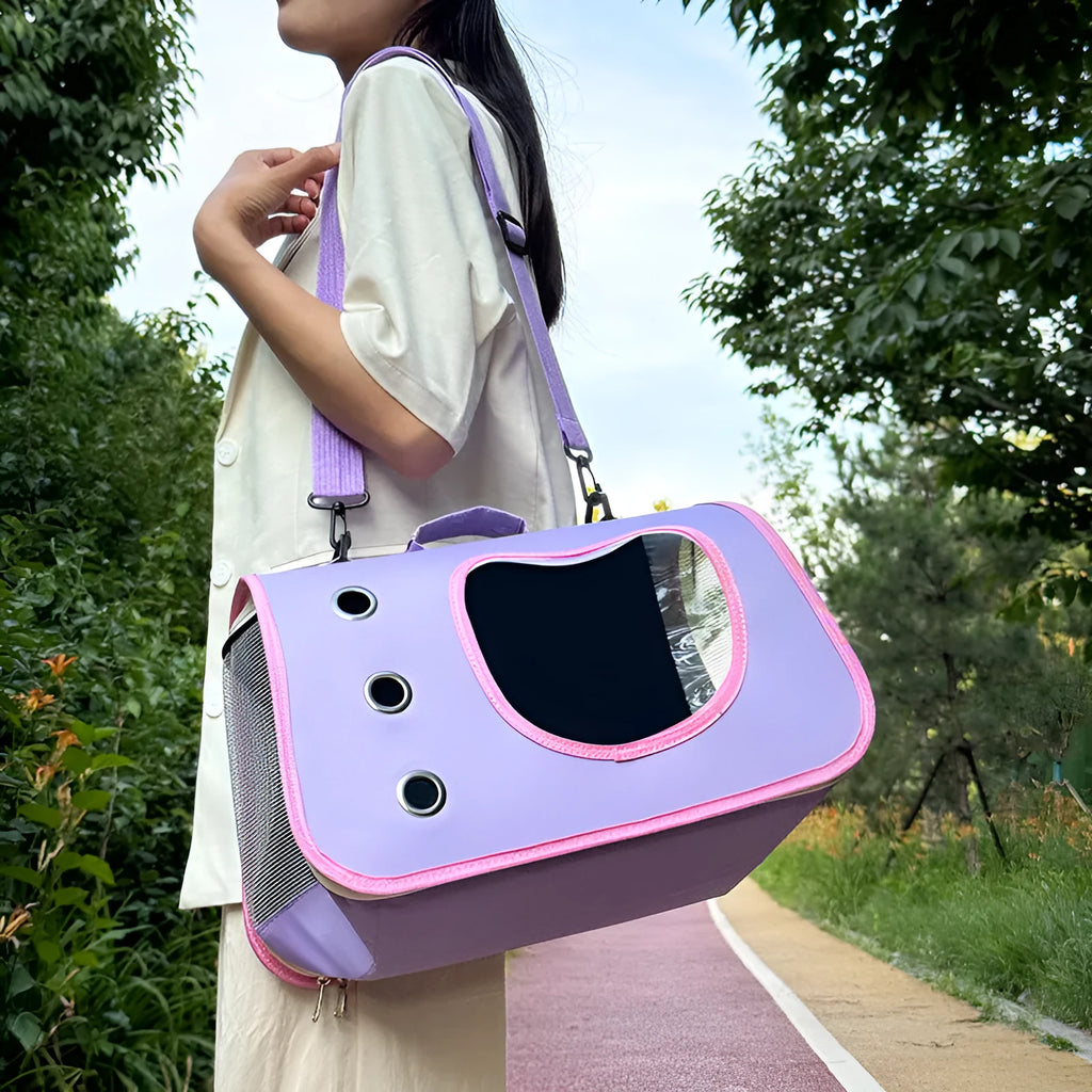 Medium capacity crossbody pet carrier bag in Oxford cloth showing single-shoulder design and breathable construction