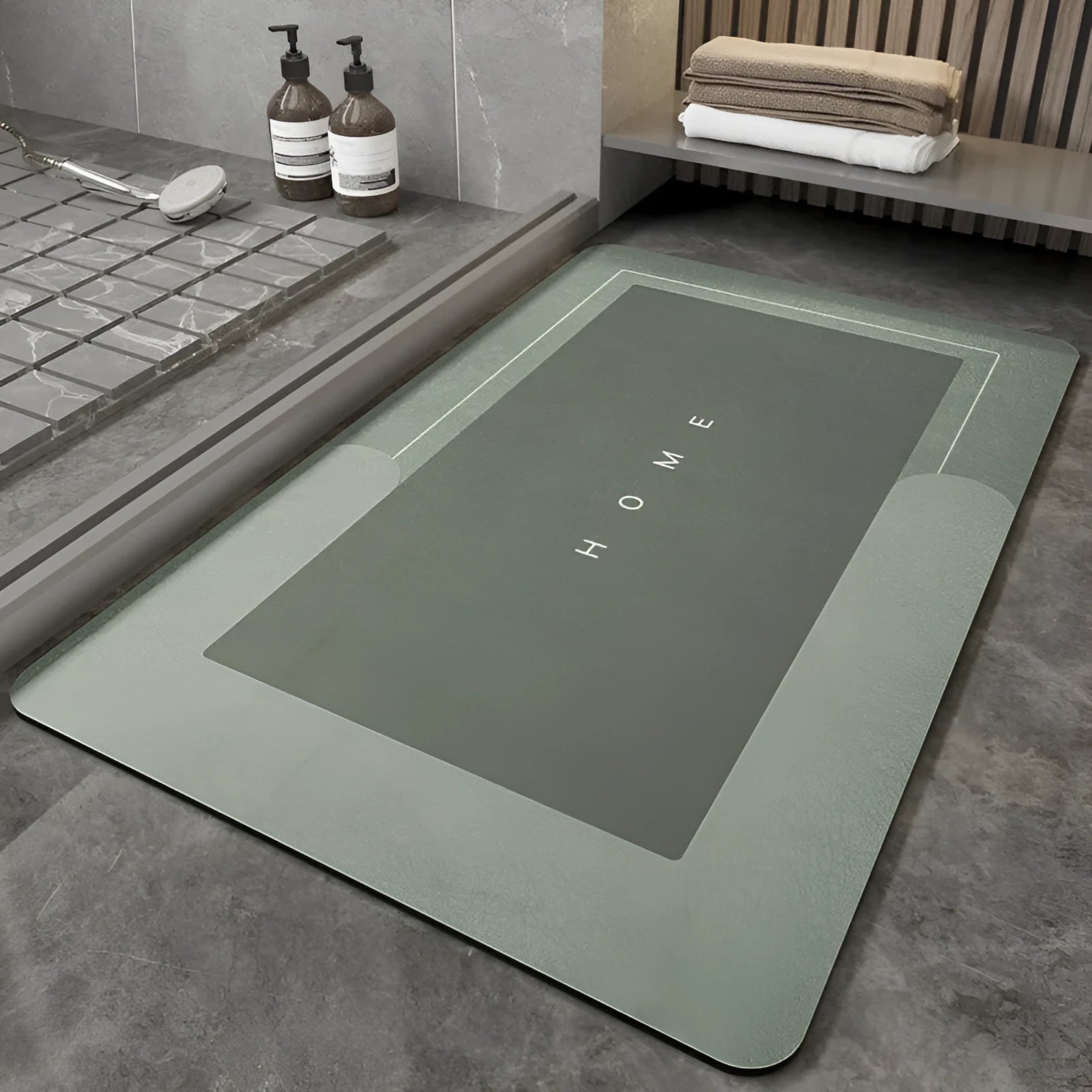 Blended fabric bathroom floor mat in blue, grey, or green, available in oval or rectangular shapes