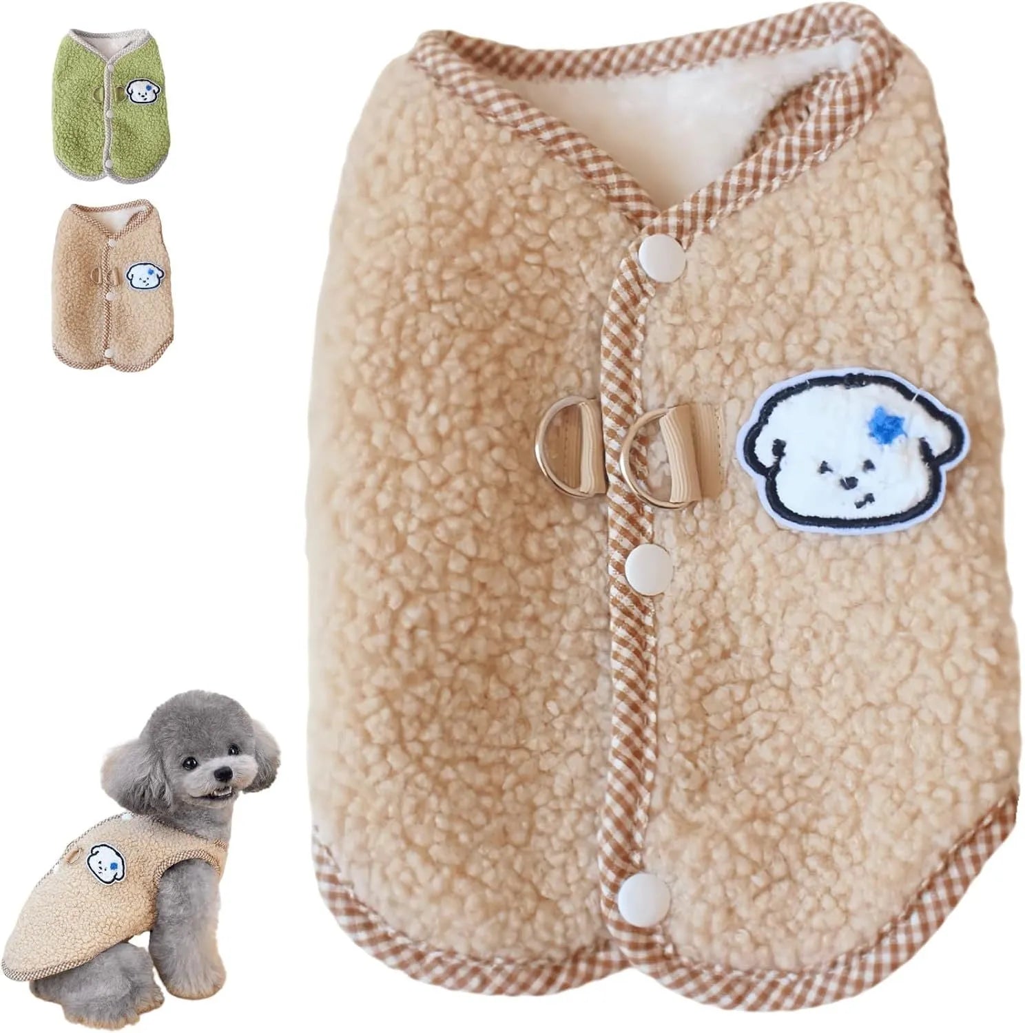 Green thickened coral fleece dog vest with a leash ring on a small dog.