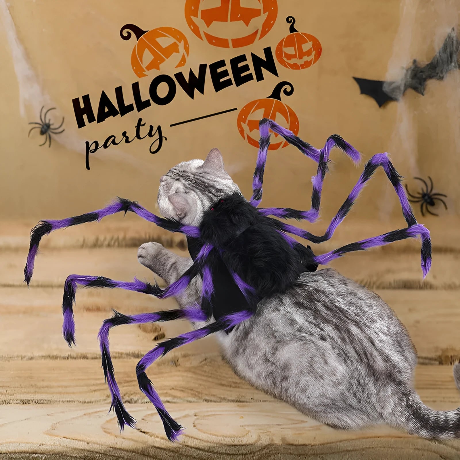 Grey, brown, and black with purple big spider costume for a dog or cat on a white background.