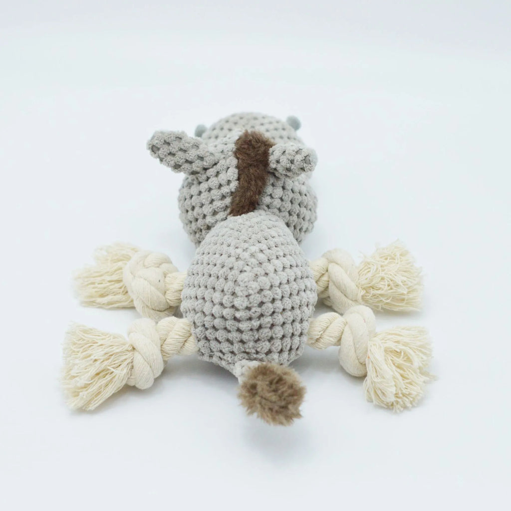 Grey donkey plush dog toy with creak sound mechanism, measuring 27×20×9.5 cm
