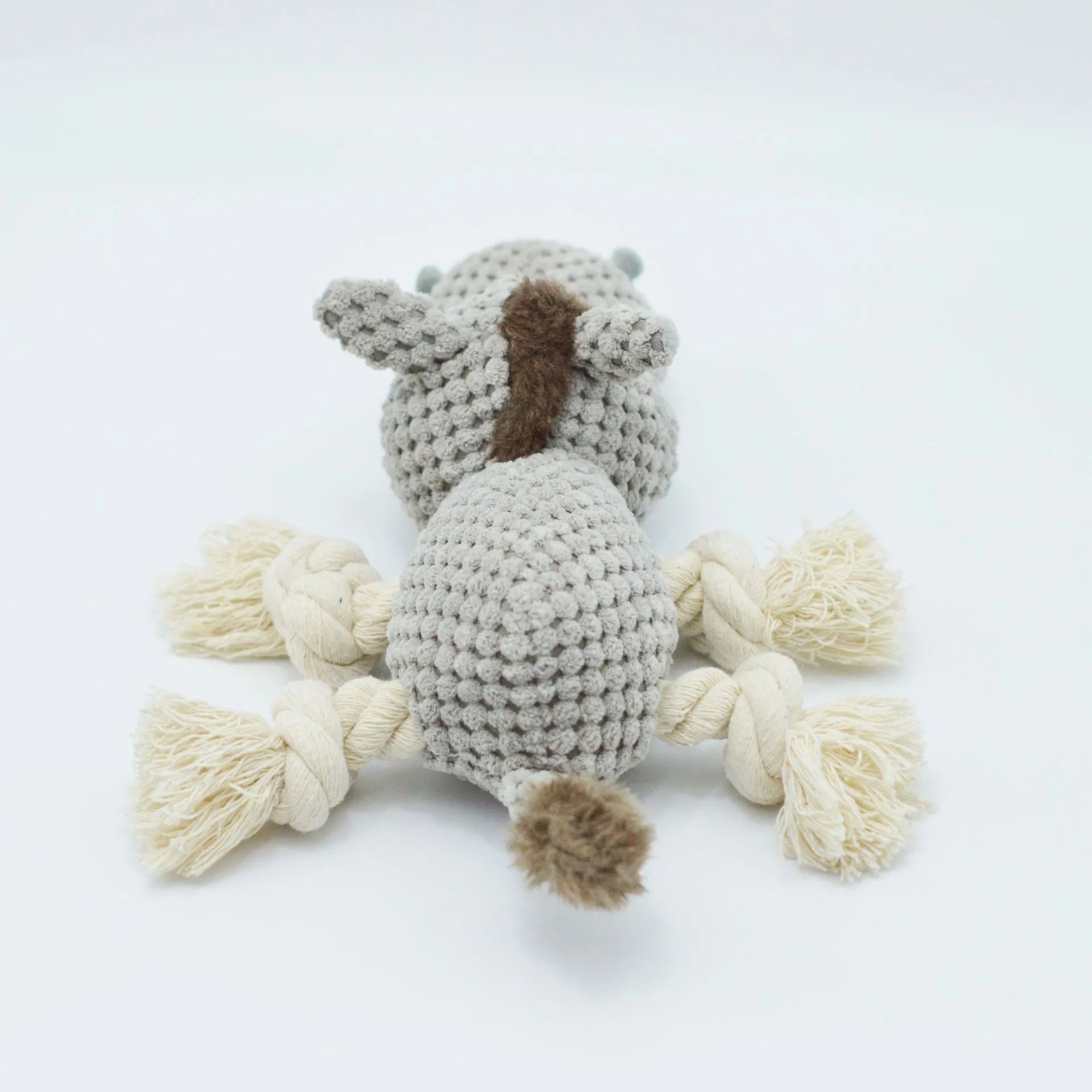 Grey donkey plush dog toy with creak sound mechanism, measuring 27×20×9.5 cm